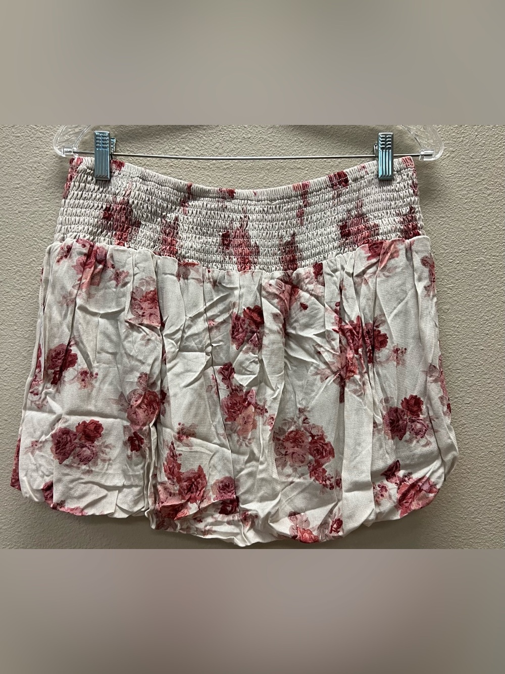 Floral Smocked Waist Mini Skirt - Cream with Dusty Rose - Picture 7 of 9